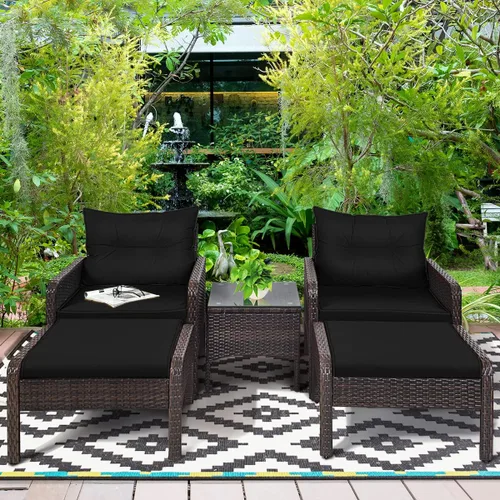 Juego de muebles de mimbre para patio, juego de conversación de mimbre modular para exteriores con 2 otomanas y mesa de centro de vidrio templado,