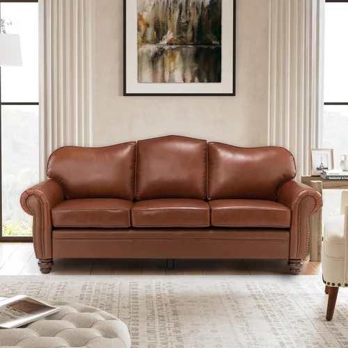 Miniatura 11 de El apoyo que necesitas 152 cm de ancho Sofá Chesterfield de cuero genuino, sofá con brazos enrollados, reborde con clavos para muebles de sala