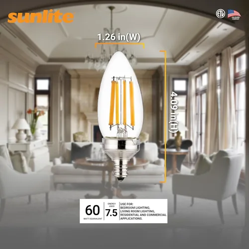 Miniatura 3 de Sunlite Bombilla LED Edison B11 40270 con punta de torpedo, 7.5 vatios (equivalente a 60 W), 810 lúmenes, base de candelabro E12, regulable