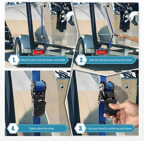 Miniatura 6 de PAULINN Correas de Amarre para Remolque de Barco de 1 Pulgada x 1.22 M, Correas de Amarre de Popa Ajustables de Alta Resistencia de 1089 KG con Azul