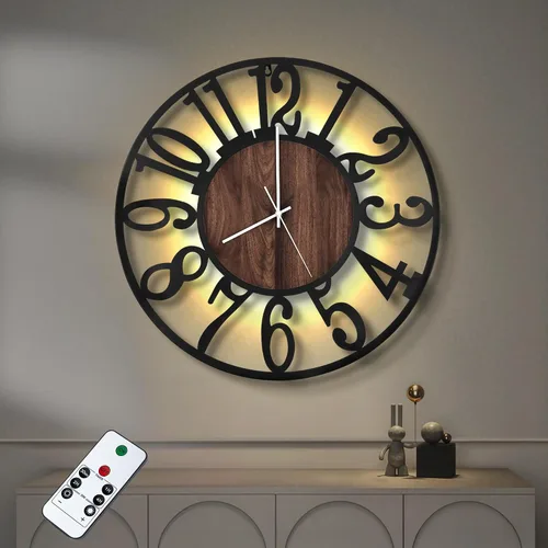 LEIKE Relojes de pared a pilas con control remoto, luz nocturna, silencioso, sin tictac, reloj de madera grande rústico moderno para sala de estar,