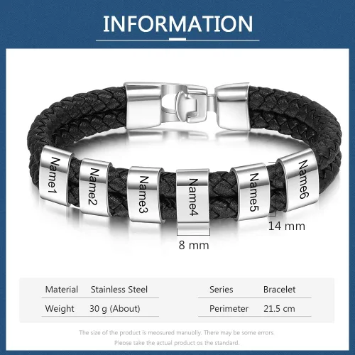 Miniatura 6 de Pulsera trenzada negra personalizada para hombre, pulsera personalizada con 1-8 cuentas personalizadas, nombres de la familia, joyería para hombres