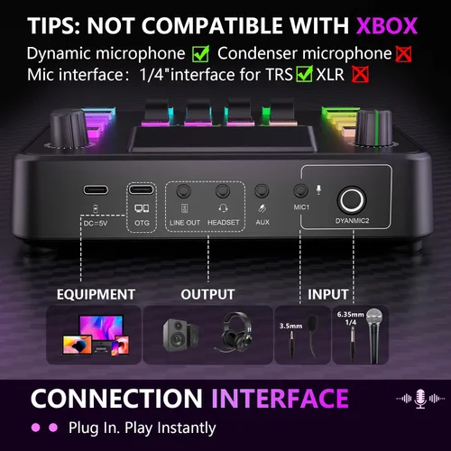 Miniatura 8 de Paquete de equipo de podcast, mezclador de audio con micrófono dinámico para PC, juego de equipos de juegos para grabación de podcasts, cambiador