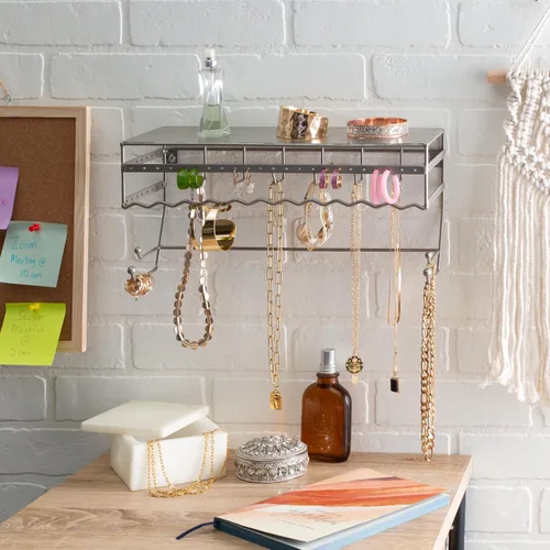 Miniatura 3 de Estante negro de 13.5 pulgadas para montaje en pared. Bastidor para guardar productos de joyería y accesorios Estante organizador para aretes