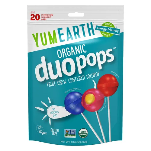 YumEarth Paletas Orgánicas Duo Pops, Paletas con Centros Masticables de Fruta - Apto para Alergias (Libre de los 9 Principales), Sin Colorantes