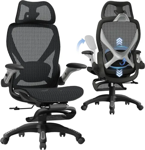 ELABEST X100 Silla de oficina ergonómica de malla con reposapiés, silla de escritorio grande y alta con brazos abatibles 5D, soporte lumbar 3D