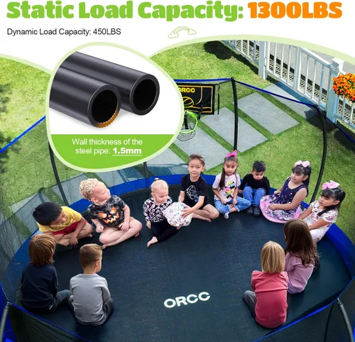 Miniatura 2 de ORCC Trampolín para niños de 16, 15, 14, 12, 10, 8 pies, capacidad de peso de 1300 libras, con aro de baloncesto, rociador de agua, estacas de suelo