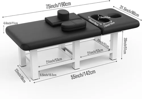 Miniatura 7 de Mesa de masaje estacionaria ancha negra con respaldo para mesa de tratamiento, mesa de terapia física, cama facial de spa, marco de metal, piel Negro
