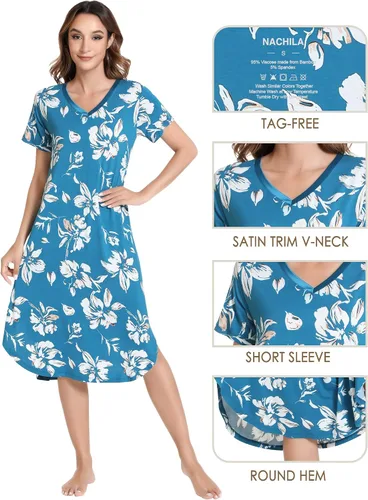 Miniatura 4 de NACHILA Camisones para mujer, viscosa hecha de bambú, cuello en V, manga corta, ropa de dormir fresca S-2X