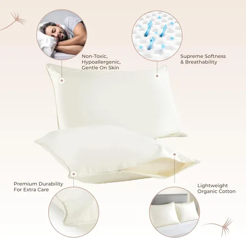 Miniatura 3 de Protector de almohada de algodón orgánico, tamaño estándar, 100% algodón, certificado GOTS, funda protectora con cremallera, hipoalergénica, lavable