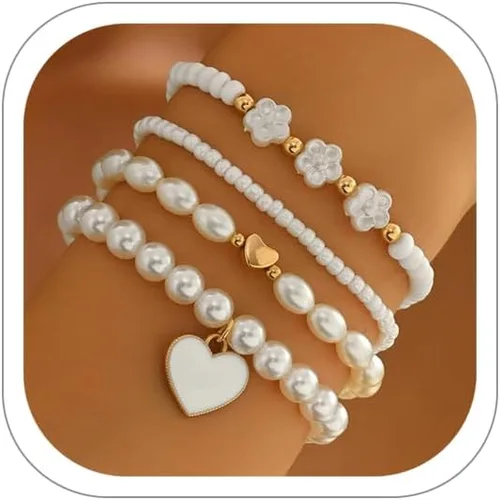 Miniatura 13 de Pulseras de perlas para mujer, pulsera de perlas de imitación con cuentas de perlas blancas, juego de pulseras elásticas apilables, pulseras