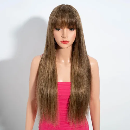 Miniatura 16 de Rebecca Fashion Pelucas lacias de 14 pulgadas con flequillo, pelucas de cabello humano para mujeres negras, sin encaje frontal, pelucas de cabello
