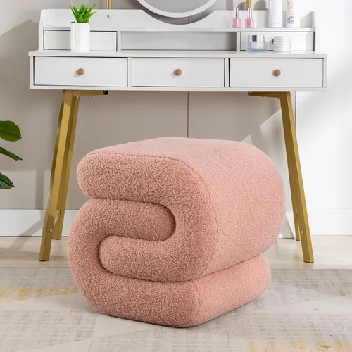 Miniatura 11 de Taburete otomano de maquillaje moderno en forma de S de tela de peluche, reposapiés debajo del escritorio, asiento adicional tapizado para sala