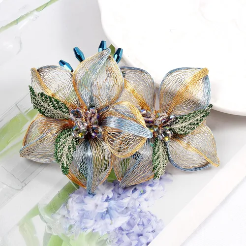 Miniatura 7 de Mistofu Pasadores para el cabello, pinzas de alambre de cobre con flores de cristal, pasadores de diseño de alto nivel tejidos a mano de 3.93