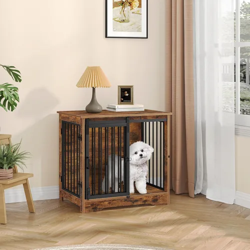 Miniatura 8 de Hzuaneri Mueble de jaula para perros de 27.2 pulgadas con puerta de granero, perrera resistente para interiores con 2 puertas, mesa auxiliar