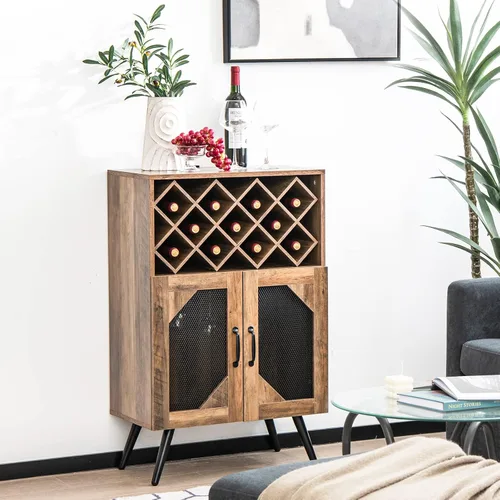 Miniatura 9 de Giantex Armario de bar de vinos de granja, estante para 11 botellas, gabinete de buffet con almacenamiento, aparador de cocina industrial, diseño