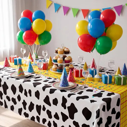 Miniatura 5 de Hosuly 6 Pcs Story Tablecloth Story Birthday Party Decorations Cow Printed Table Cover Boy Baby Shower Decorations Cartoon Inspired Party Supplies