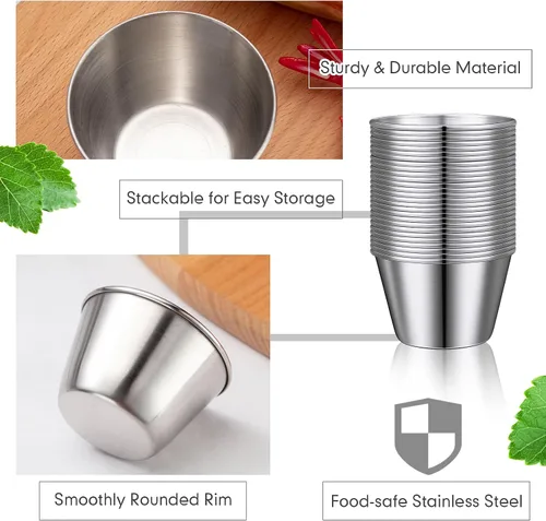 Miniatura 4 de Potchen 100 tazas de metal de 2.5 onzas para salsa, tazas de condimentos de acero inoxidable a granel, tazones de inmersión redondos, recipientes