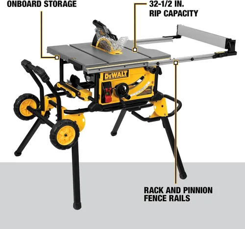Miniatura 13 de DEWALT Sierra de Mesa de 10 Pulgadas con Soporte de Sierra de Mesa Rodante Plegable, 15 Amperios, 4800 RPM, Capacidad de Corte al Hilo de 32-1/2