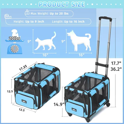 Miniatura 2 de Paw Ballet Transportador de mascotas con ruedas, jaula duradera para gatos aprobada por aerolíneas, transportador plegable para perros, bolsa
