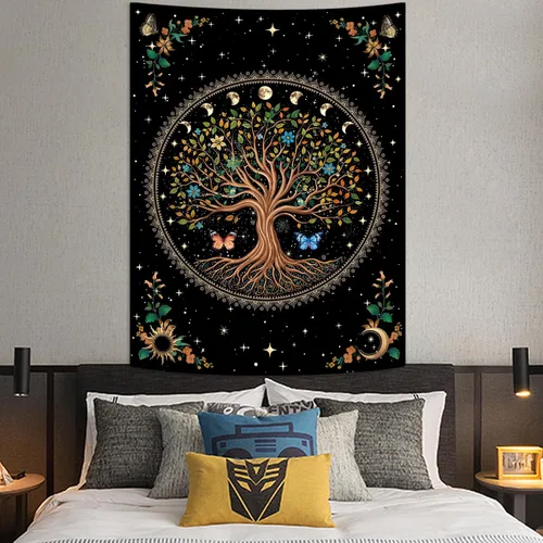 Miniatura 3 de Lunerfex Tapiz de árbol de la vida, tapiz de pared de fase lunar, tapices verdes para dormitorio, techo, tapices para colgar en la pared