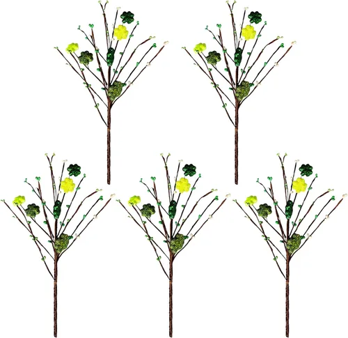 Miniatura 4 de BFYDOAA Paquete de 5 tallos de trébol con purpurina para el día de San Patricio, ramas de trébol verde y bayas para cumpleaños, irlandés, relleno