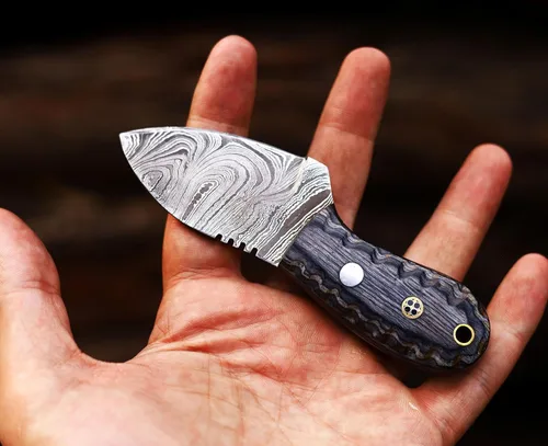 Miniatura 3 de ANCILLA Cuchillo de caza de Damasco hecho a mano EDC para ciervo, hoja fija de espiga completa, mini cuchillo de cuello de vaquero de bolsillo