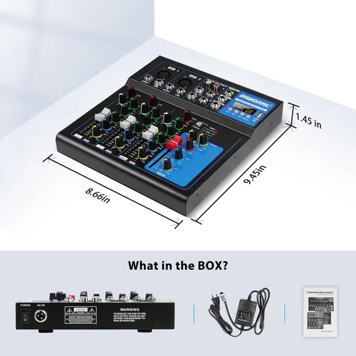 Miniatura 8 de Interfaz de audio de 4 canales, mezclador de audio USB, tablero de sonido, consola de mezcla incorporada Bluetooth MP3 Entrada de computadora+48 V