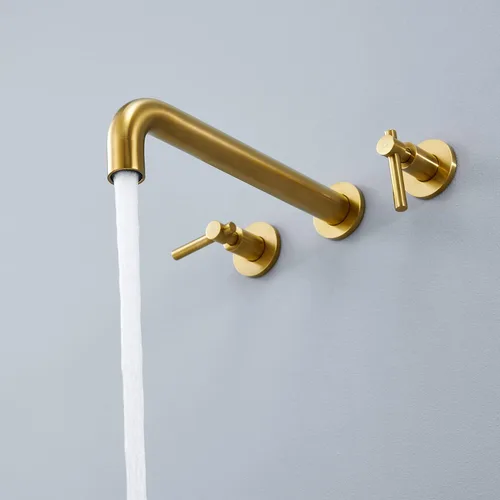 Miniatura 5 de Wowkk Llenador de bañera de montaje en pared, grifo de bañera de oro cepillado, grifos de baño de latón con 2 asas