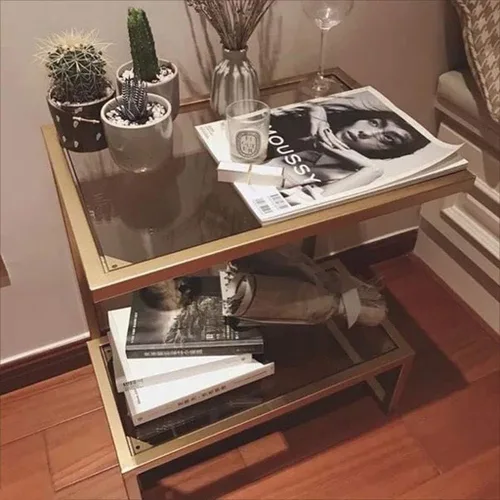 Miniatura 2 de Mesa de Centro Mesa de centro en forma de G, mesa auxiliar cuadrada creativa, parte superior de vidrio y metal con acento e acento decorativo