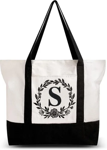 BeeGreen Bolsa de mano con inicial para mujeres madres profesores bolsas de mano personalizadas para boda playa lona de 12 onzas gran bordado con