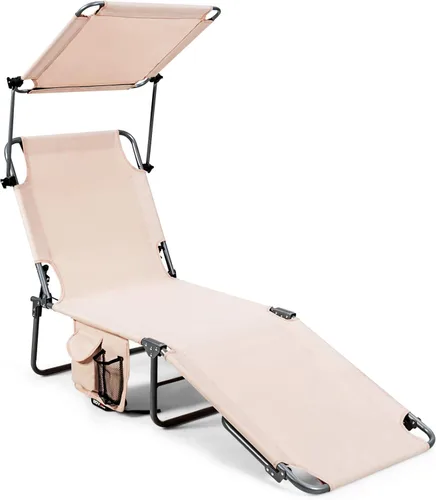 Miniatura 12 de Giantex Silla bronceadora, tumbona de patio con 5 posiciones ajustables, toldo de sombra, bolsillo de almacenamiento, cuna de campamento, sillón
