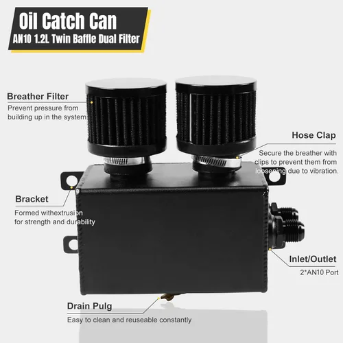 Miniatura 3 de Universal Aluminio 10AN 1.2L Twin Baffle Dual Filter Motor Oil Catch Can Tanque con 2 filtros de aire Depósito de captura de aceite Tanque de lata