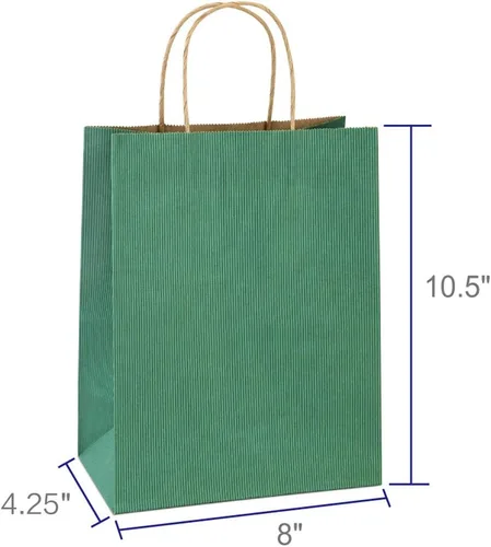 Miniatura 2 de BagDream Bolsas de regalo de 8 x 4.25 x 10.5 pulgadas, 100 bolsas de papel kraft con asas medianas a granel, rayas verdes, 100% recicladas, bolsas