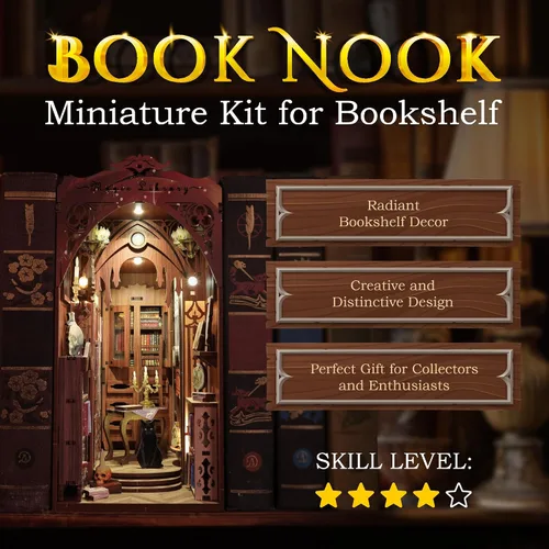 Miniatura 5 de Kit de rincón de libros – Kit de rincón de libros para adultos, juego de manualidades en miniatura para casa de muñecas, rompecabezas 3D de madera