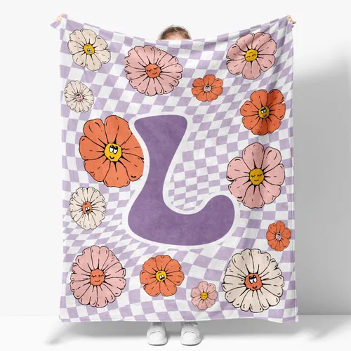 Miniatura 11 de Manta retro de los años 70 con inicial B floral a cuadros, groovy abstracta estética, manta de franela suave personalizada, regalos con monograma