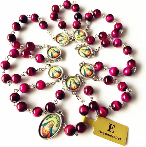 Miniatura 4 de elegantmedical Hecho a mano con cuentas de jade de ojo de tigre rojo raro, siete penas, medalla de María, rosario, regalo católico, Jade, No es una
