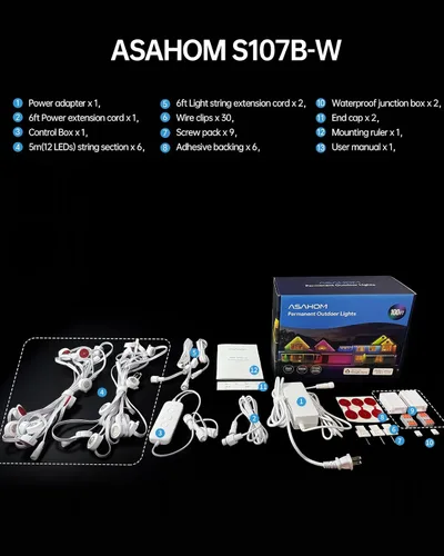 Miniatura 9 de ASAHOM AI - Luces permanentes para exteriores S107B, 100 pies con 72 luces LED RGBCW, 30,000 efectos de iluminación, controlador con doble salida