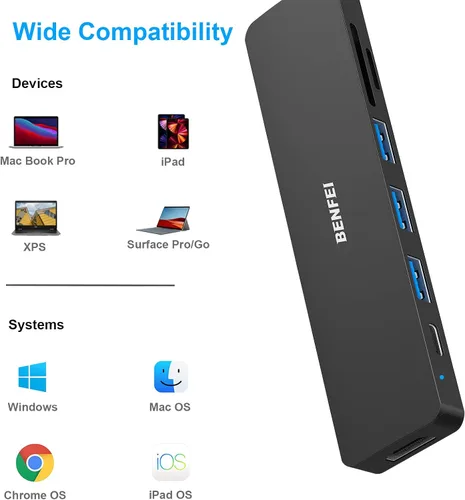 Miniatura 6 de BENFEI HUB USB C 7 en 1, Adaptador HUB Multipuerto USB-C con HDMI (Certificado 4K @ 60Hz)/Entrega de energía de 100W/3*USB 3.0 5Gbps/Lector de Negro
