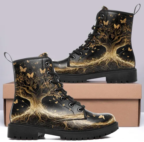 Miniatura 6 de Botas de Combate Florales de Setas para Mujer - Botas Góticas de Bosque Witchcore Tacón Grueso Cuero Vegano Moda con Cordones Botines Negros
