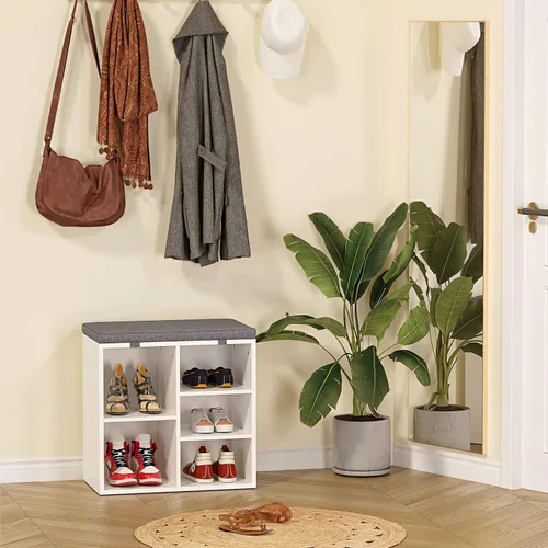 Miniatura 5 de IDEALHOUSE Banco de almacenamiento de zapatos con cojín para entrada, banco de almacenamiento de 20 pulgadas con asiento acolchado, armario de Blanco
