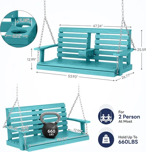 Miniatura 13 de KINGYES Columpio colgante para porche al aire libre, silla de columpio de patio de 2 asientos con portavasos, banco impermeable para patio y jardín
