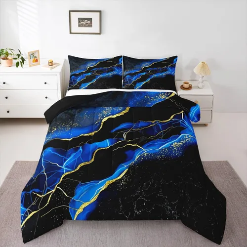 Miniatura 27 de Juego de edredón de mármol negro individual, ropa de cama dorada agrietada para adultos, hombres y mujeres, juegos de edredón de textura metálica