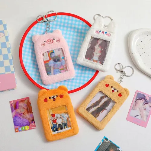 Miniatura 4 de Lindo oso de cerdo de peluche Kpop para tarjeta fotográfica, estuche de pase, funda de tarjeta de identificación, bolsa colgante llavero peludo