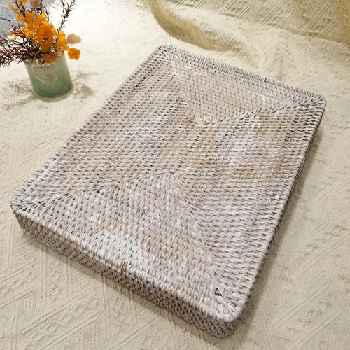 Miniatura 4 de i-lan Bandeja grande tejida de ratán blanco lavado de 17 pulgadas para otomana, bandeja de almacenamiento rectangular blanca con pared de 2.4