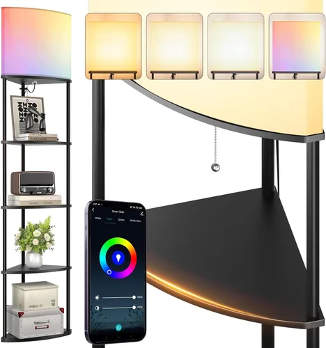 Miniatura 12 de addlon Lámpara de pie con estantes, lámpara de esquina ajustable de 5 niveles con 3 temperaturas de color y pantalla de lino, lámparas de pie Negro