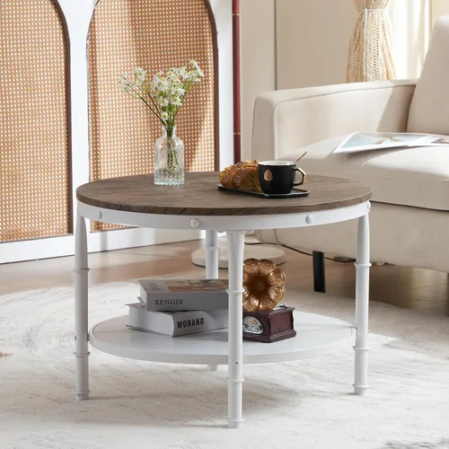 Miniatura 8 de VINGLI - Mesa de café de granja redonda de nogal oscuro y blanco de 25.6", mesa de centro con 2 estantes de almacenamiento para sala de estar