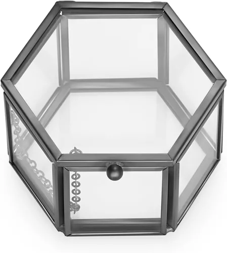 Hipiwe Joyero de cristal vintage, organizador de exhibición de joyas hexagonal dorado, caja de recuerdos, caja decorativa para el hogar, caja para