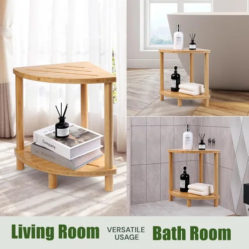 Miniatura 5 de Taburete de ducha esquinero de bambú mejorado para ducha interior impermeable, reposapiés de ducha de 2 niveles con estante de almacenamiento