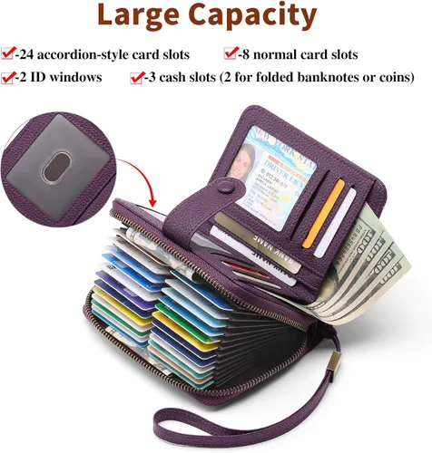 Miniatura 2 de GAEKEAO Cartera de cuero para tarjetas de crédito para mujer, bloqueo RFID, gran capacidad, plegable, con cremallera, organizador de tarjetas